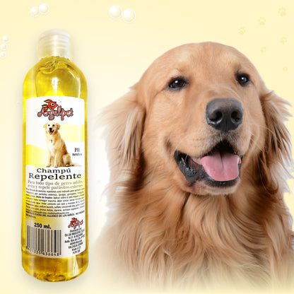Champú repelente antiparasitario para perros con su perro