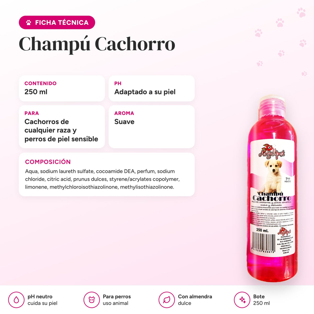 Ficha técnica y composición del champú para cachorros y piel sensible