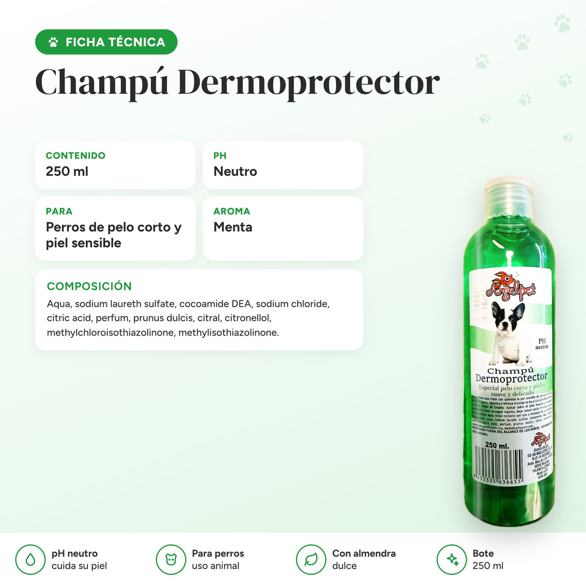 Ficha técnica y composición del champú dermoprotector para perros de piel sensible