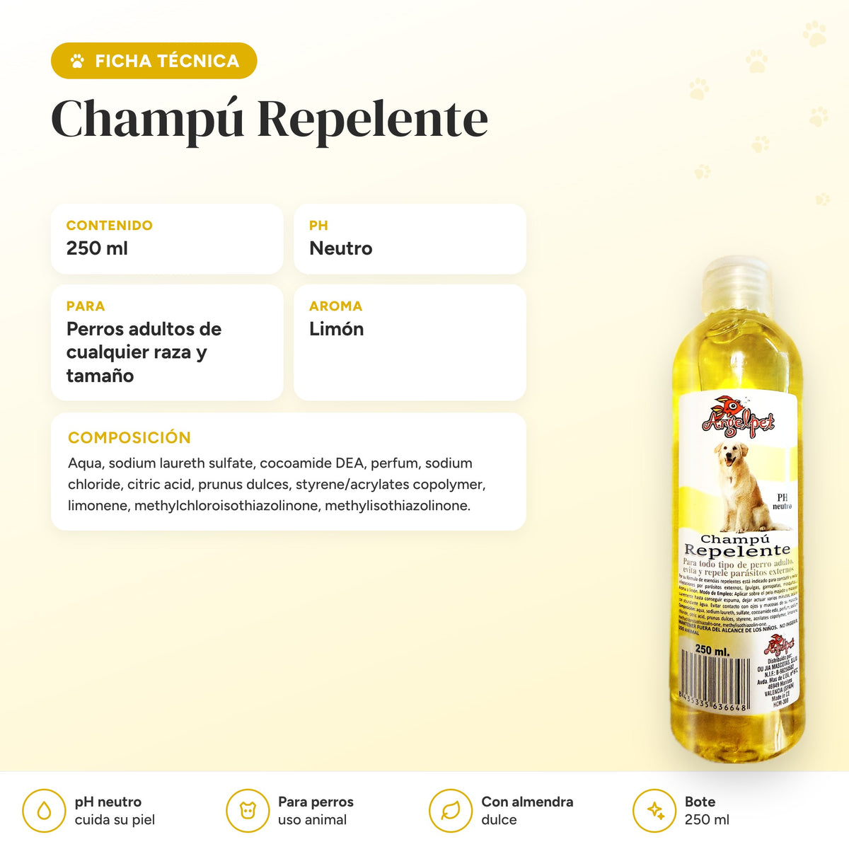 Ficha técnica y composición del champú repelente antiparasitario para perros