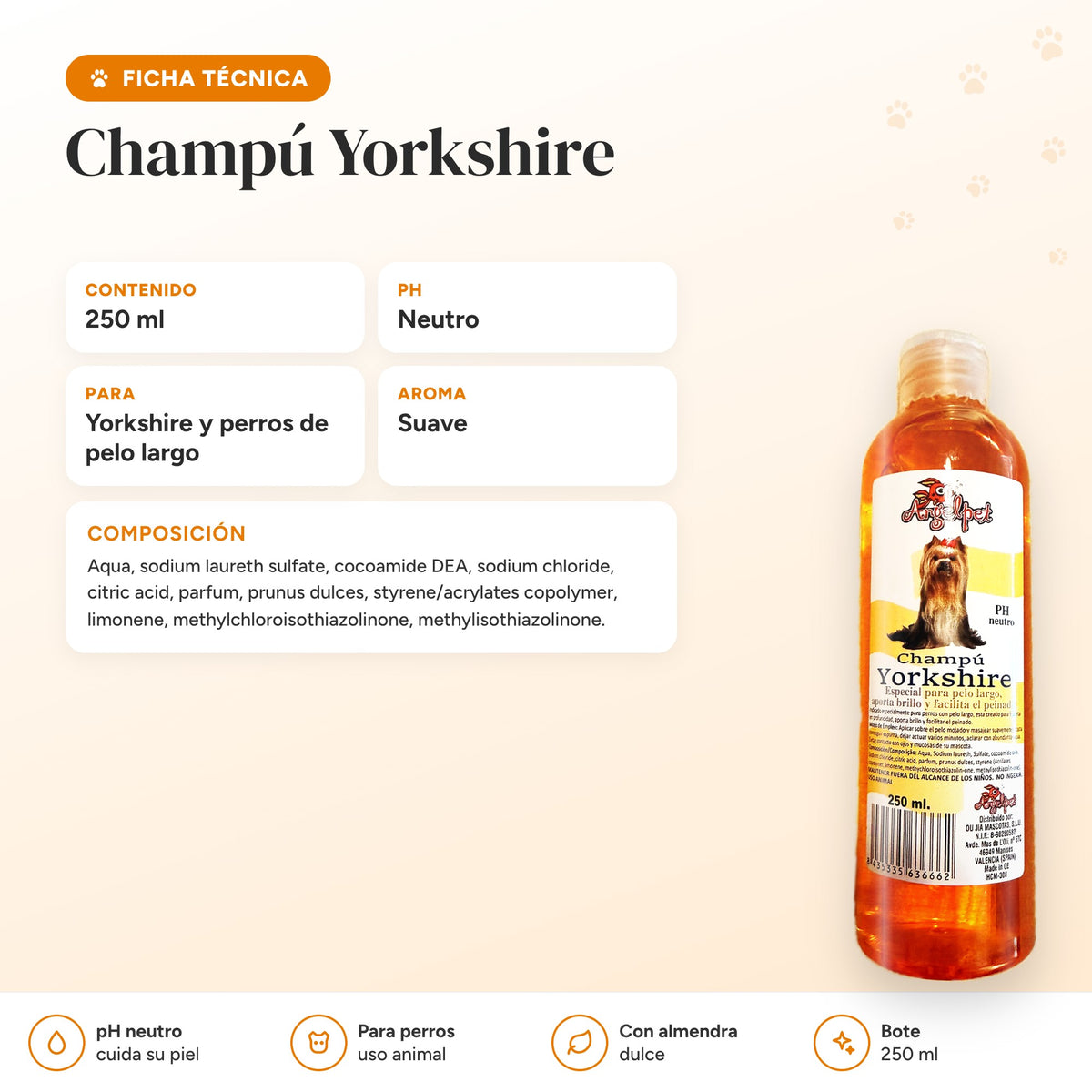 Ficha técnica y composición del champú para yorkshire y perros de pelo largo