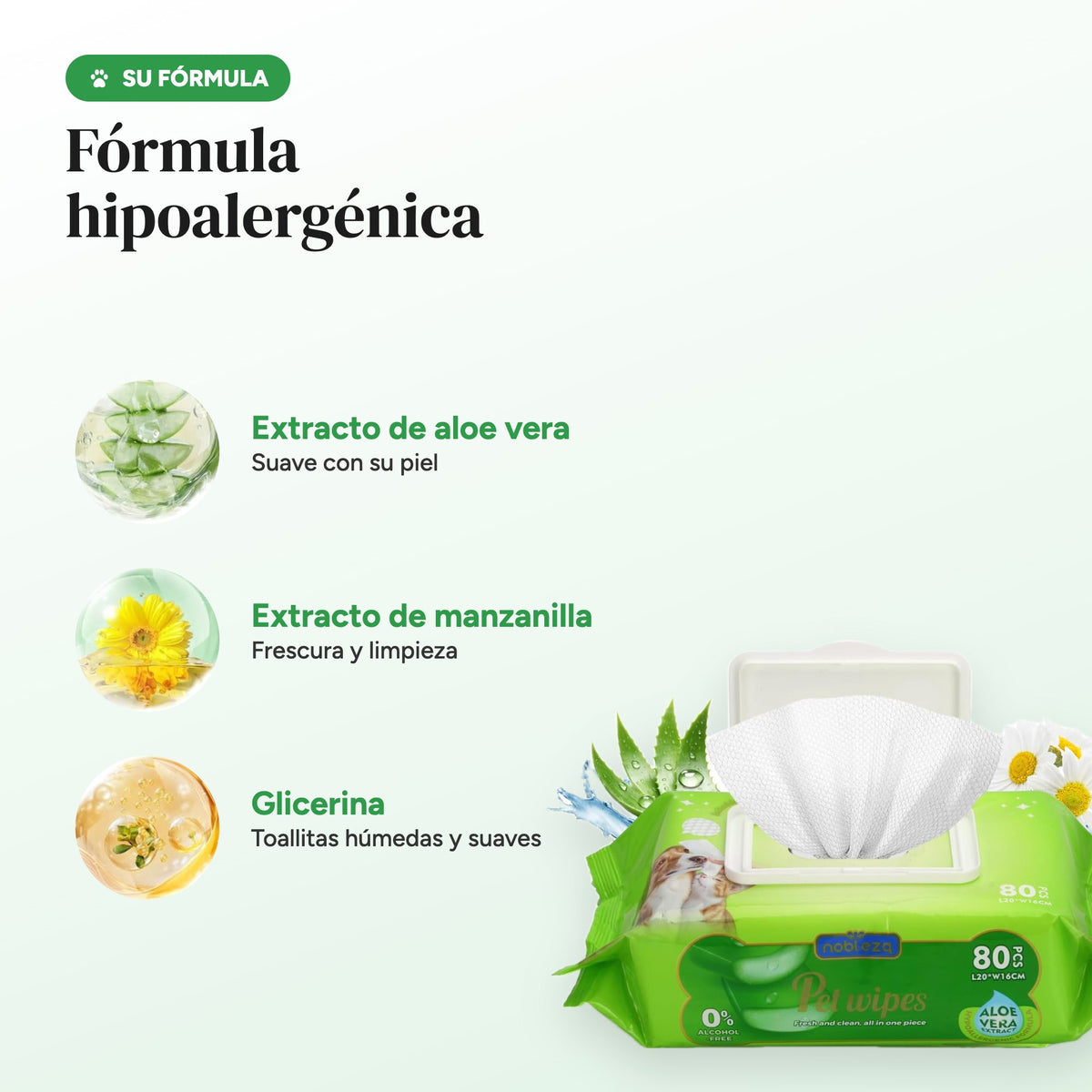 Fórmula hipoalergénica con extracto de aloe vera, manzanilla y glicerina