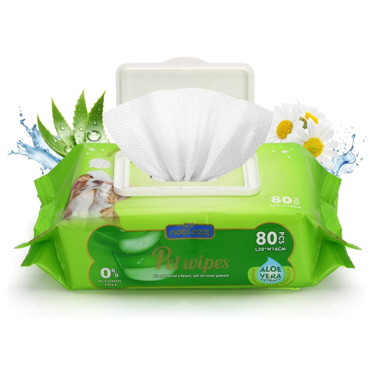 Toallitas húmedas Nobleza para perros y gatos con aloe vera, 80 unidades