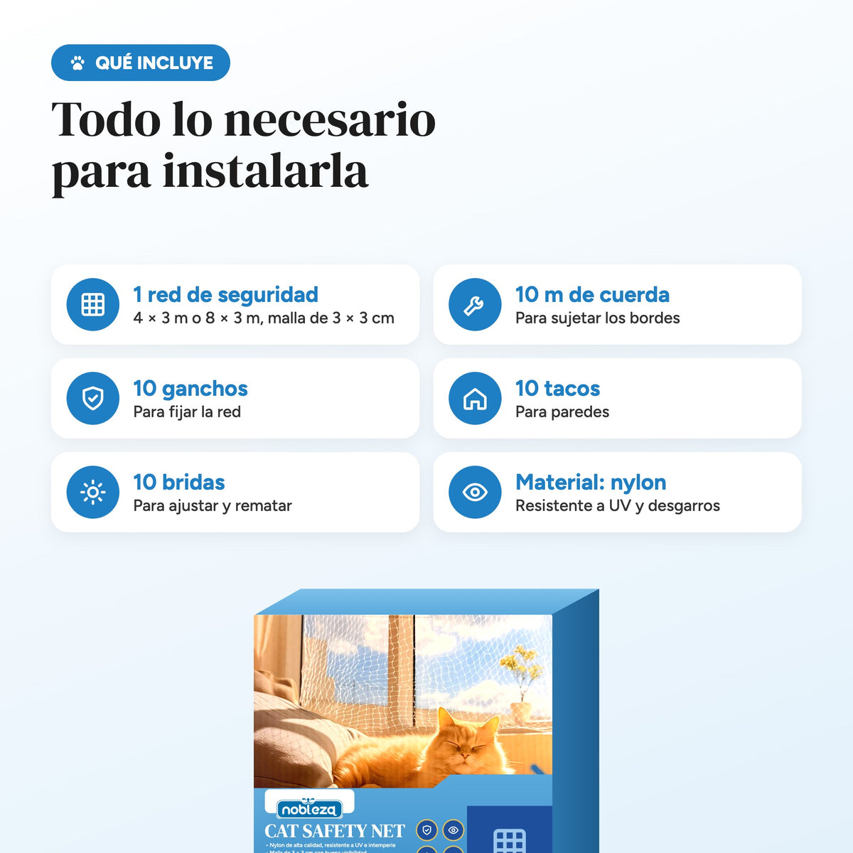 Qué incluye: red, cuerda, ganchos, tacos y bridas