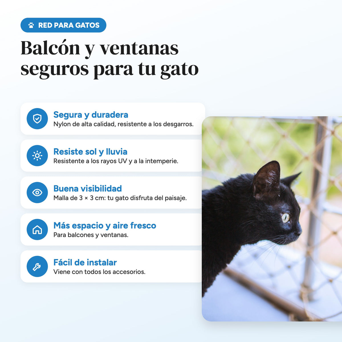 Ventajas: nylon resistente, UV, malla 3 × 3 cm, fácil de instalar